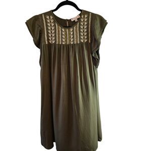 L LOVE OLIVE GREEN EMBROIDERED DRESS  KNEE LENGTH RUFFLE CAP SLEEVES SIZE LARGE